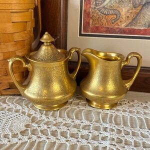 Pickard Vintage Sugar Bowl Creamer Set Gold Floral Porcelain Japan Decorated USA